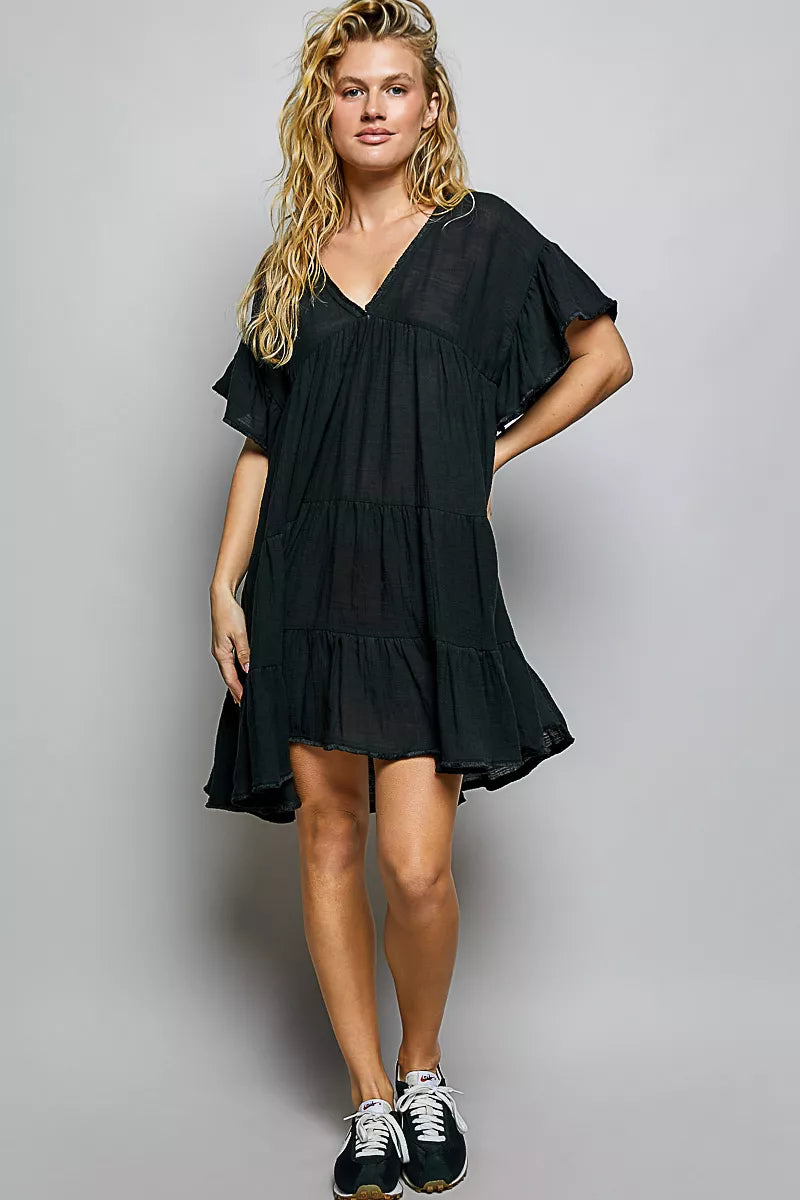 POL Ruffle Shirred V-Neck Short Sleeve Cotton Dress