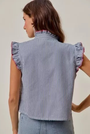SO ME Stripe Twill Stitch Ruffled Hidden Button Vest Top