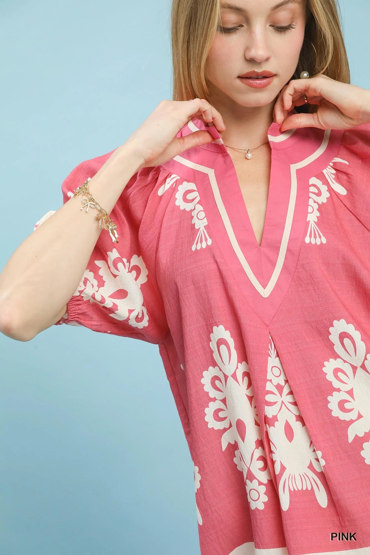 Umgee Boho Print Split-Neck Short Sleeve Top