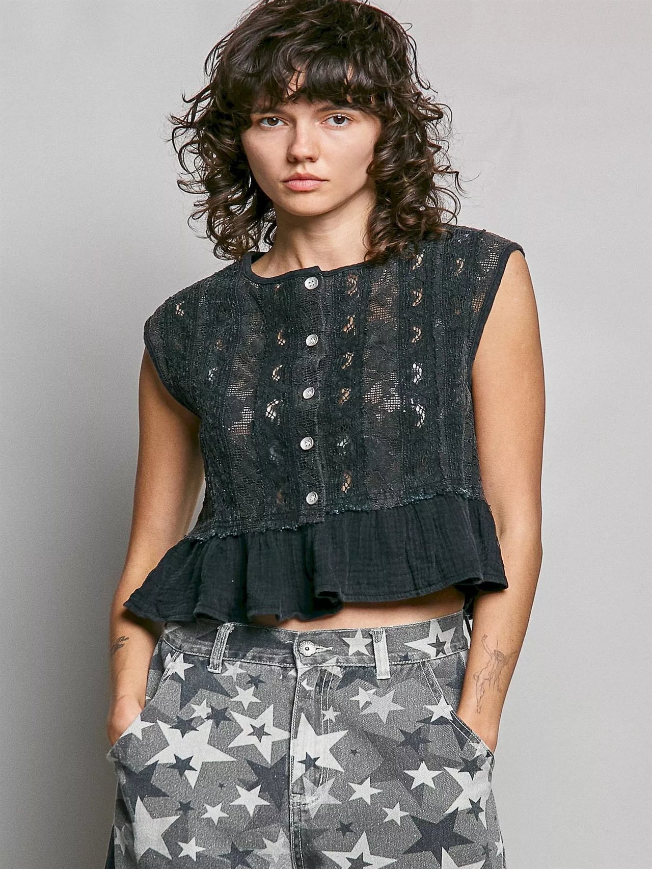 POL Round Neck Lace Sleeveless Top with Double Gauze Ruffle