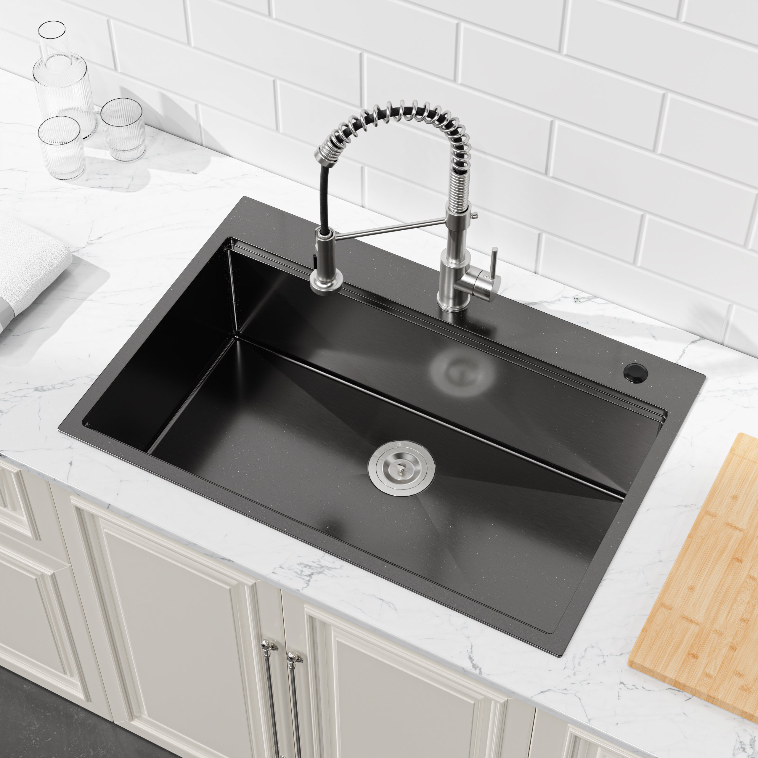 Stainless Steel Kitchen Sink, 33″x22″ Single Bowl, Overmount Handmade Sink in Black, with Cutting Board, Colander, Grid, SS-BL-01