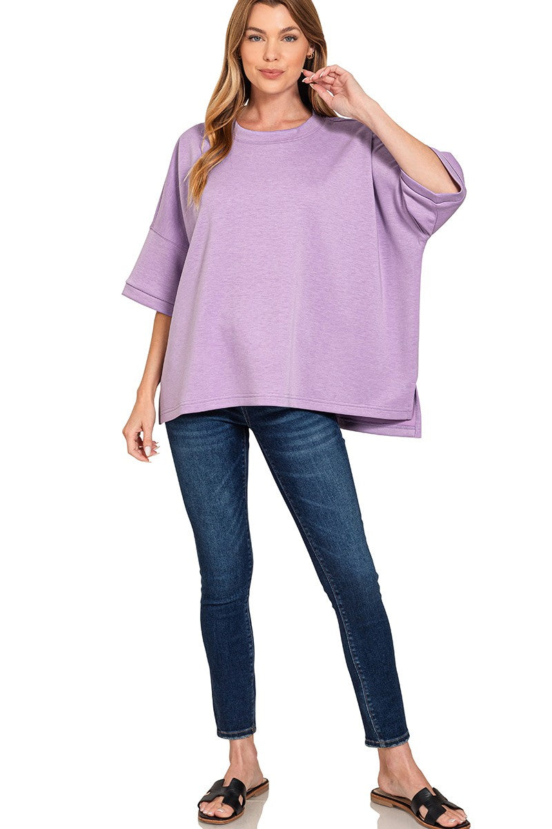 Zenana Scuba Round Neck Top With Side Slits