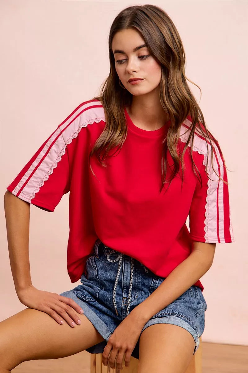 BiBi French Terry Side Lace Detail Short Sleeves Top
