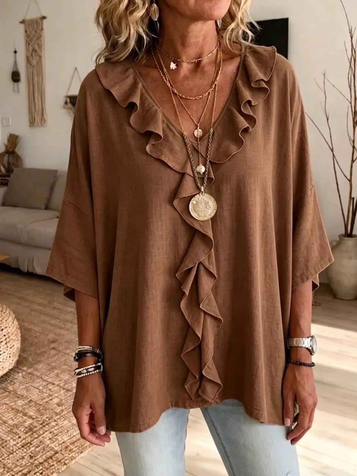 Full Size Ruffle V-Neck 3/4 Sleeve Blouse Plus Size
