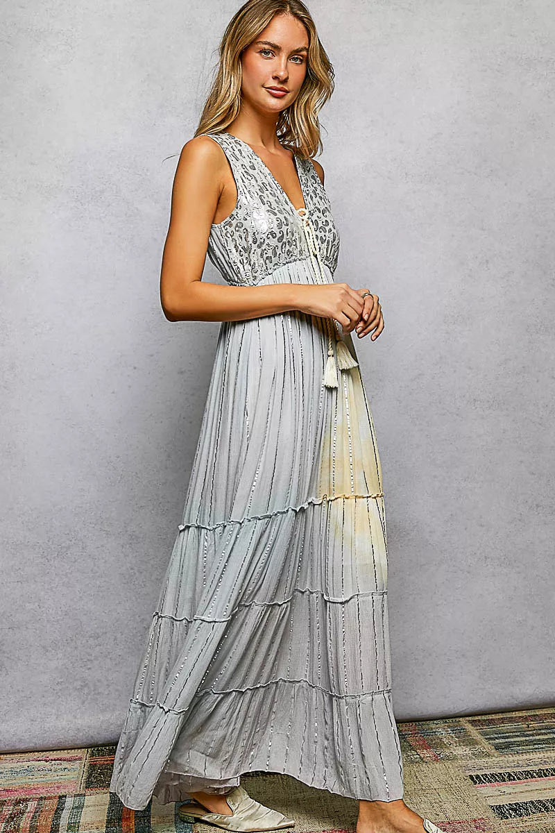 POL Deep V Sleeveless Cotton Bohemian Tiered Maxi Dress