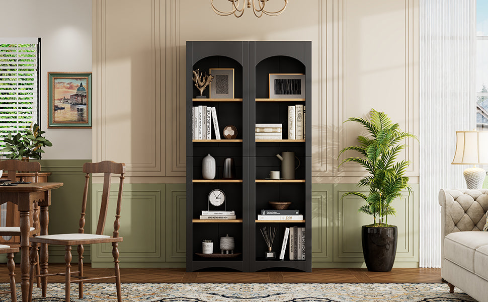 ON-TREND Free Standing 5 Tier Bookshelves, Bookcases Set of 2, Farmhouse Two-Tone Storage Cabinet with Adjustable Shelves, Modern 72'H Kitchen Pantry Cabinet for Living Room, Home Office, Black