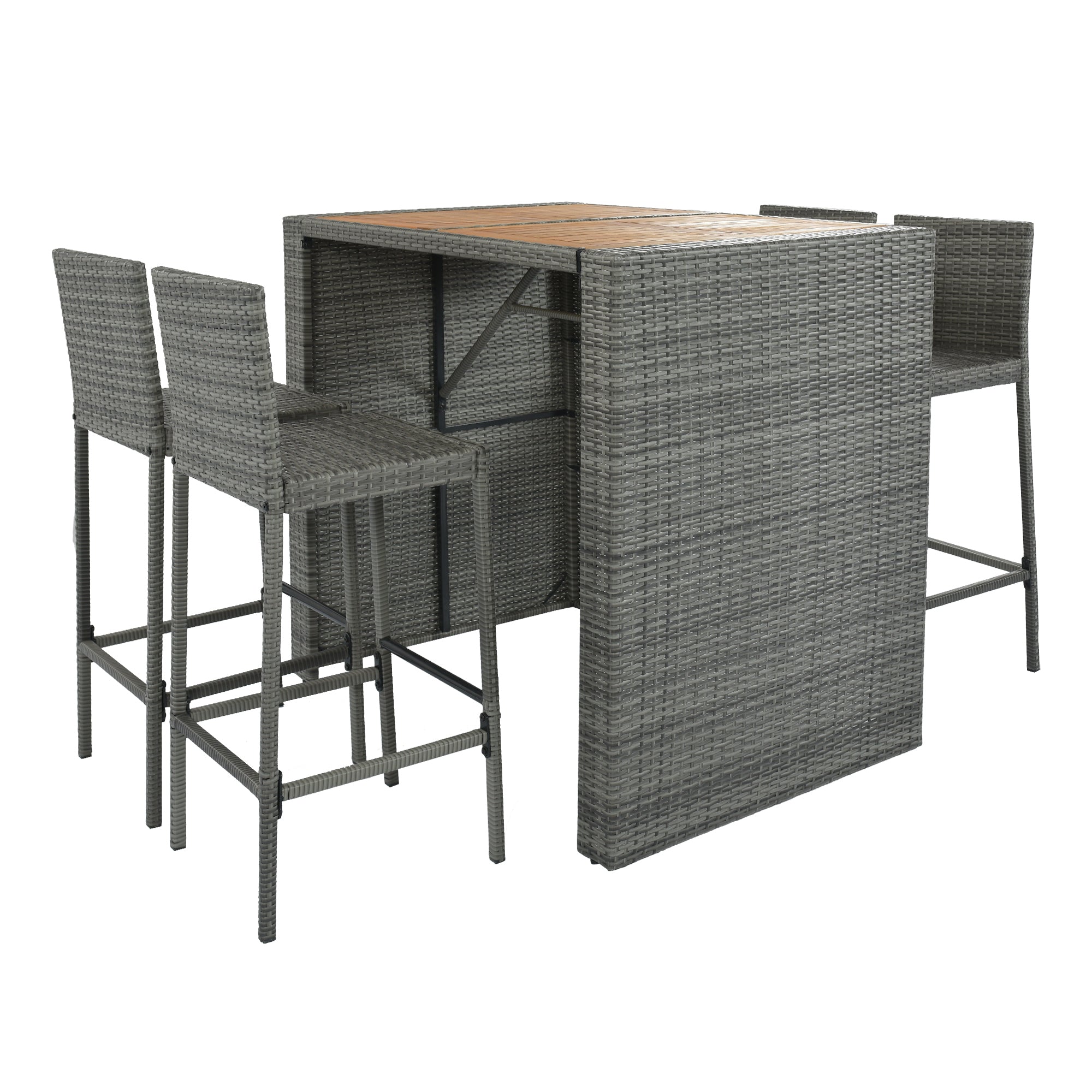5-piece Outdoor Patio Wicker Bar Set, Bar Height Chairs With Non-Slip Feet And Fixed Rope, Removable Cushion, Acacia Wood Table Top, Brown Wood And Gray Wicker