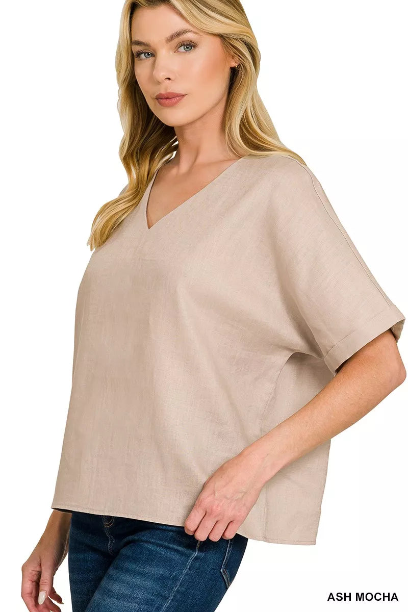Zenana Linen V-Neck Cuffed Sleeve Top