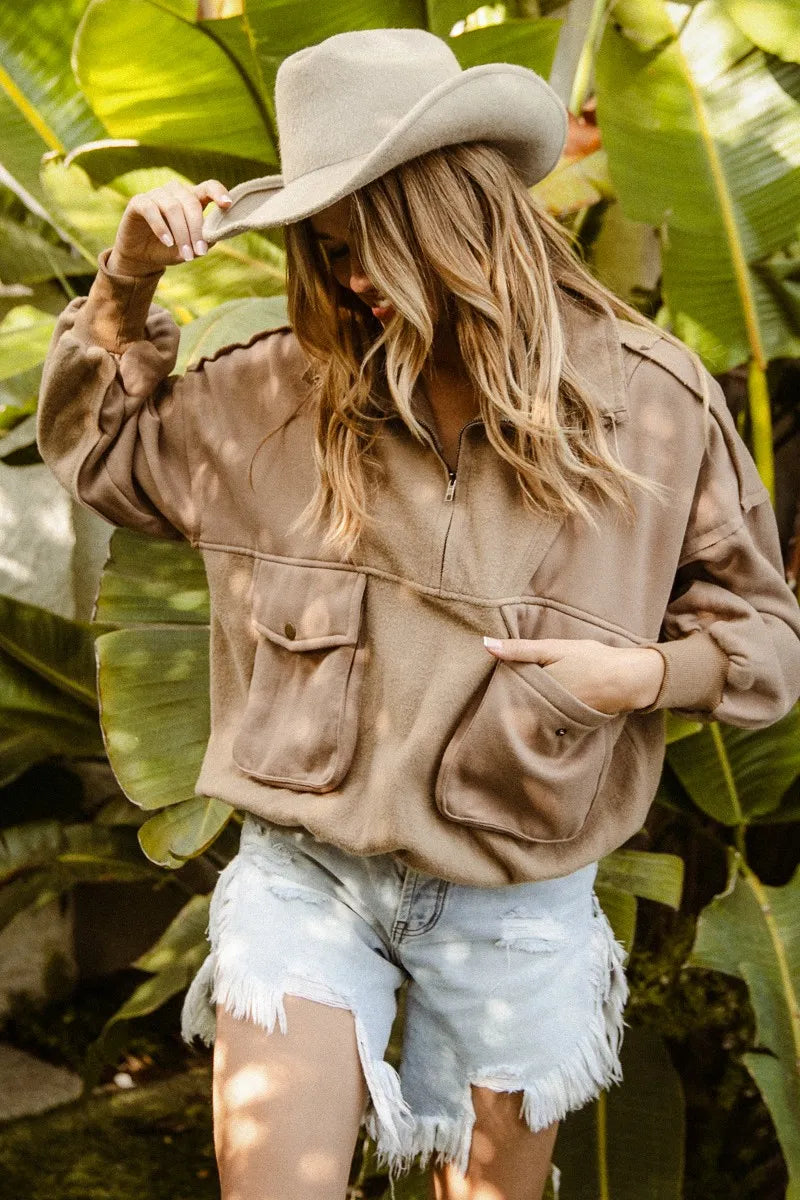 BiBi Half Zip Vintage Washed Fleece Pullover