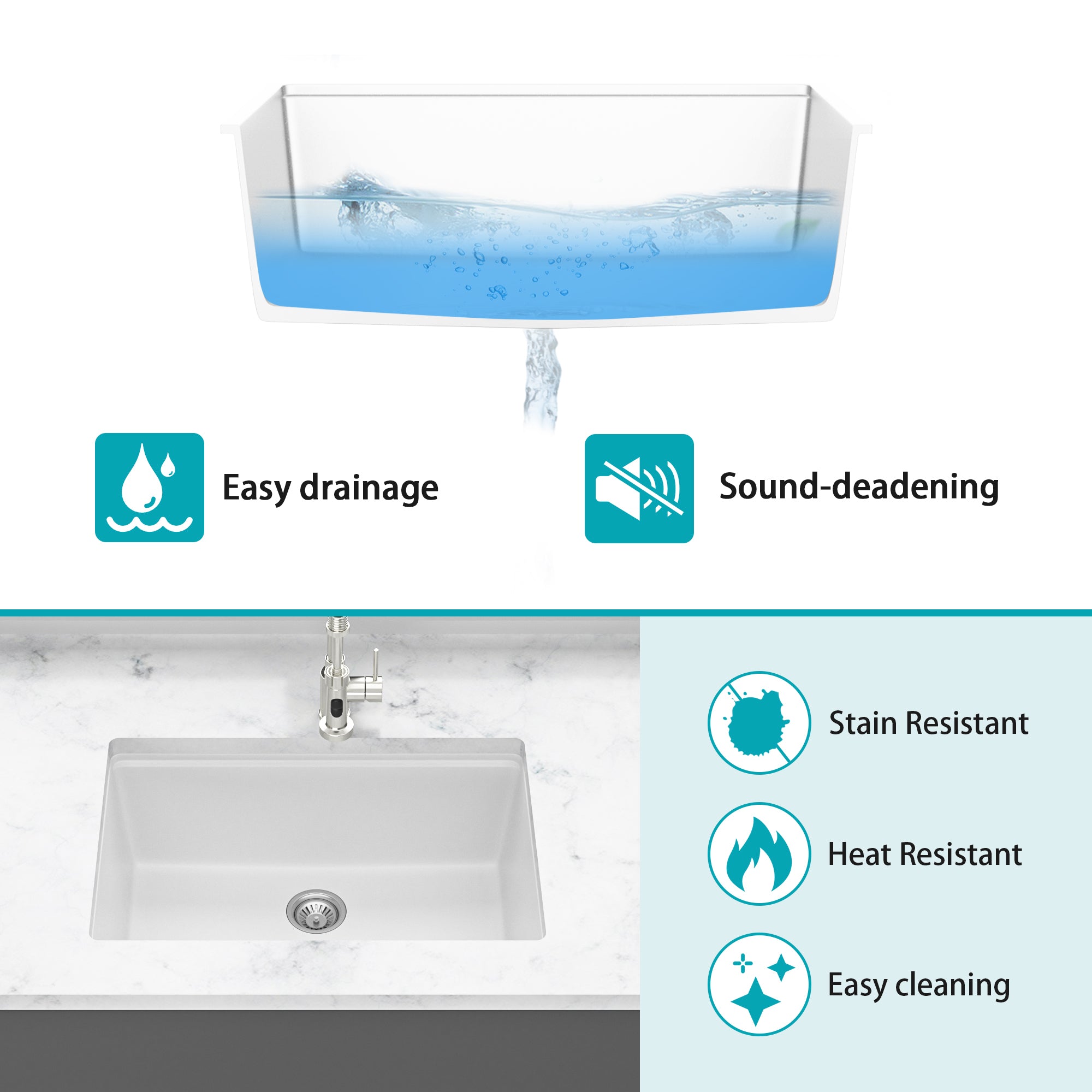 Quartz Kitchen Sink - 28' x 19' White Granite Composite Workstation Undermount Kitchen Sink