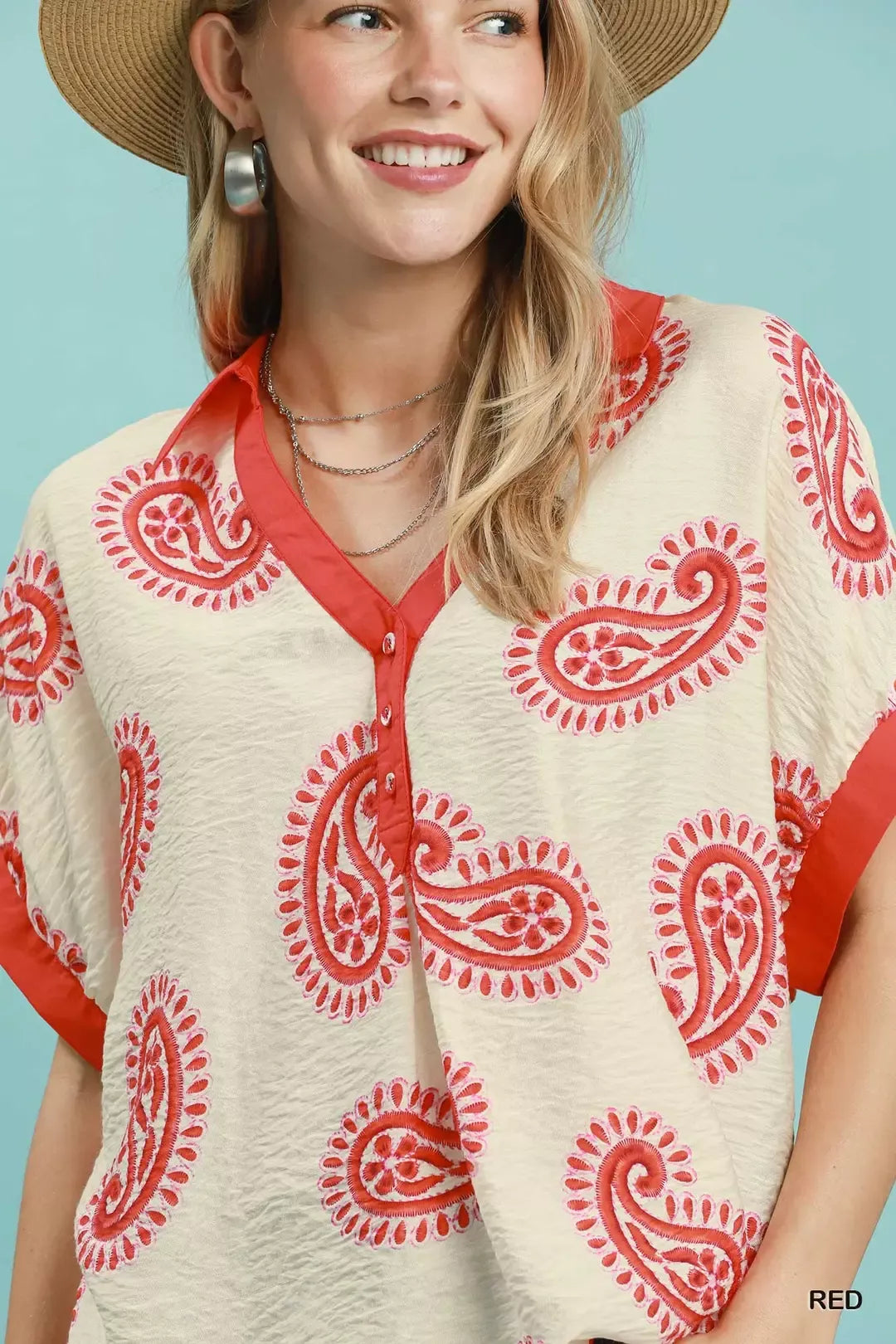 Umgee Paisley Print Contrast Trim Top