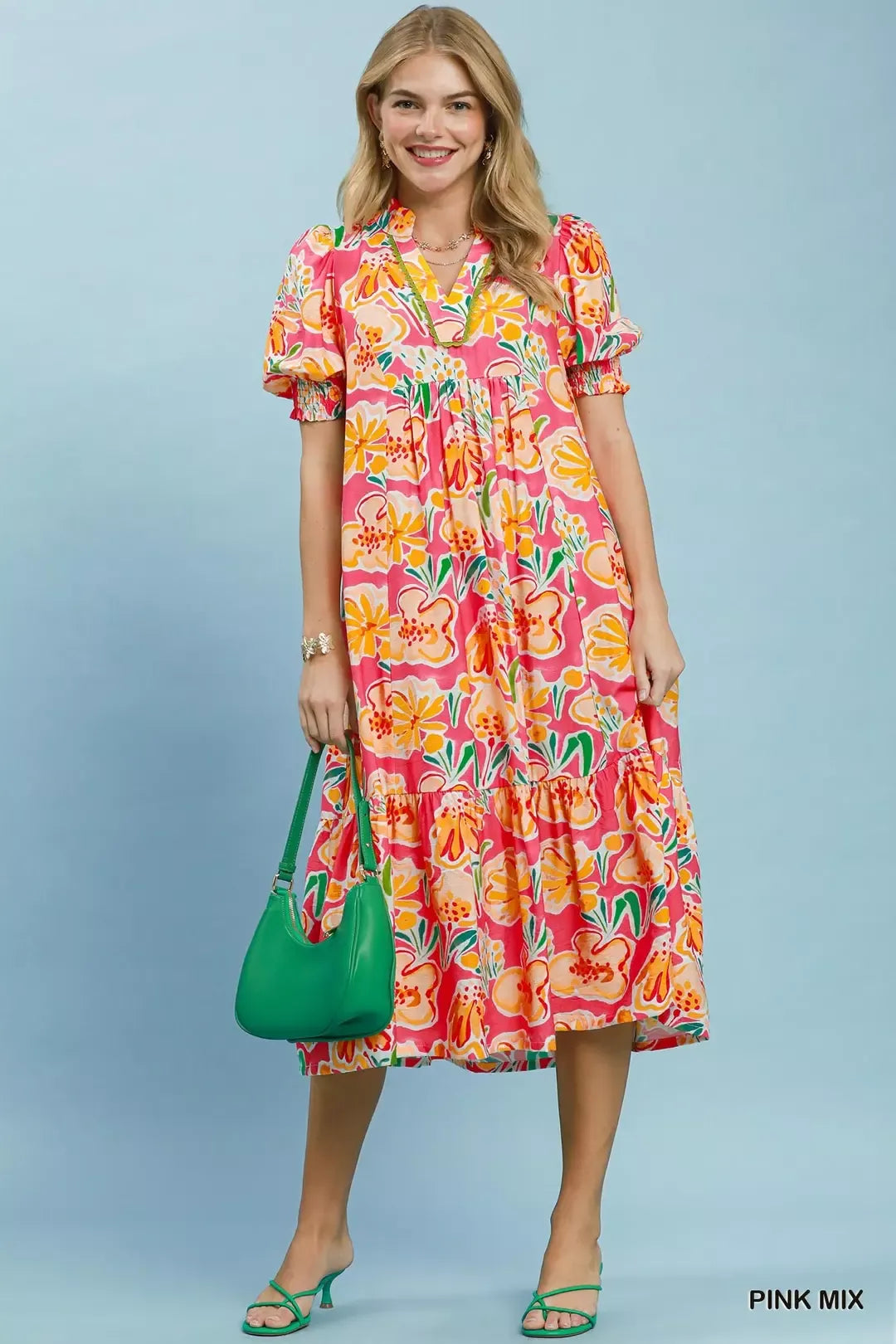 Umgee Floral Print Puff Sleeve Tiered Midi Dress