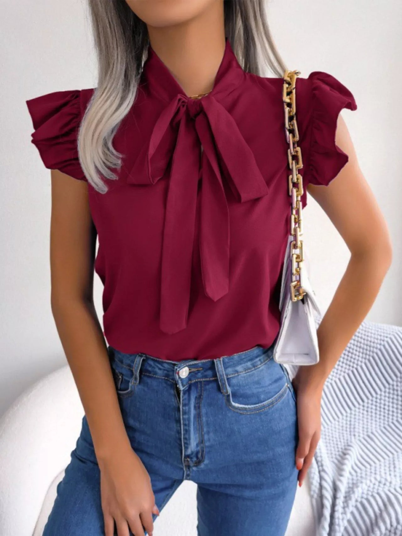 Bow Tie Ruffle Sleeve Blouse