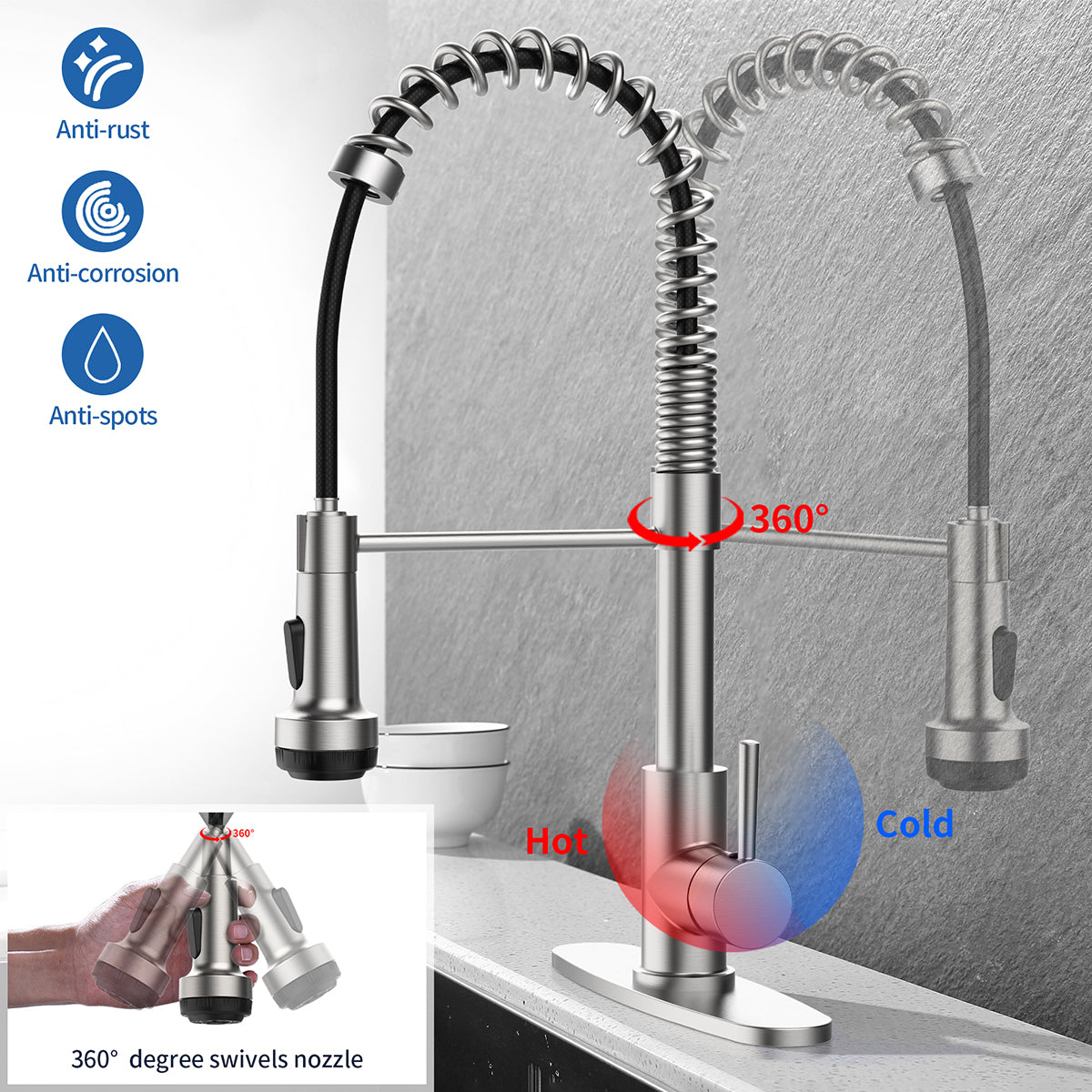 Kitchen Faucet with Pull Down Sprayer and 4 Spraying Modes Single Handle Commercial Spring Kitchen Sink Faucet Brushed Nickel 1 or 3 Hole