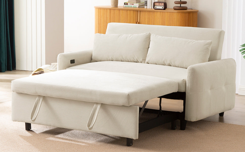 Modern Convertible Pull-out Sofa Bed with USB Ports and Pillows, Beige Corduroy, 57.48 inches