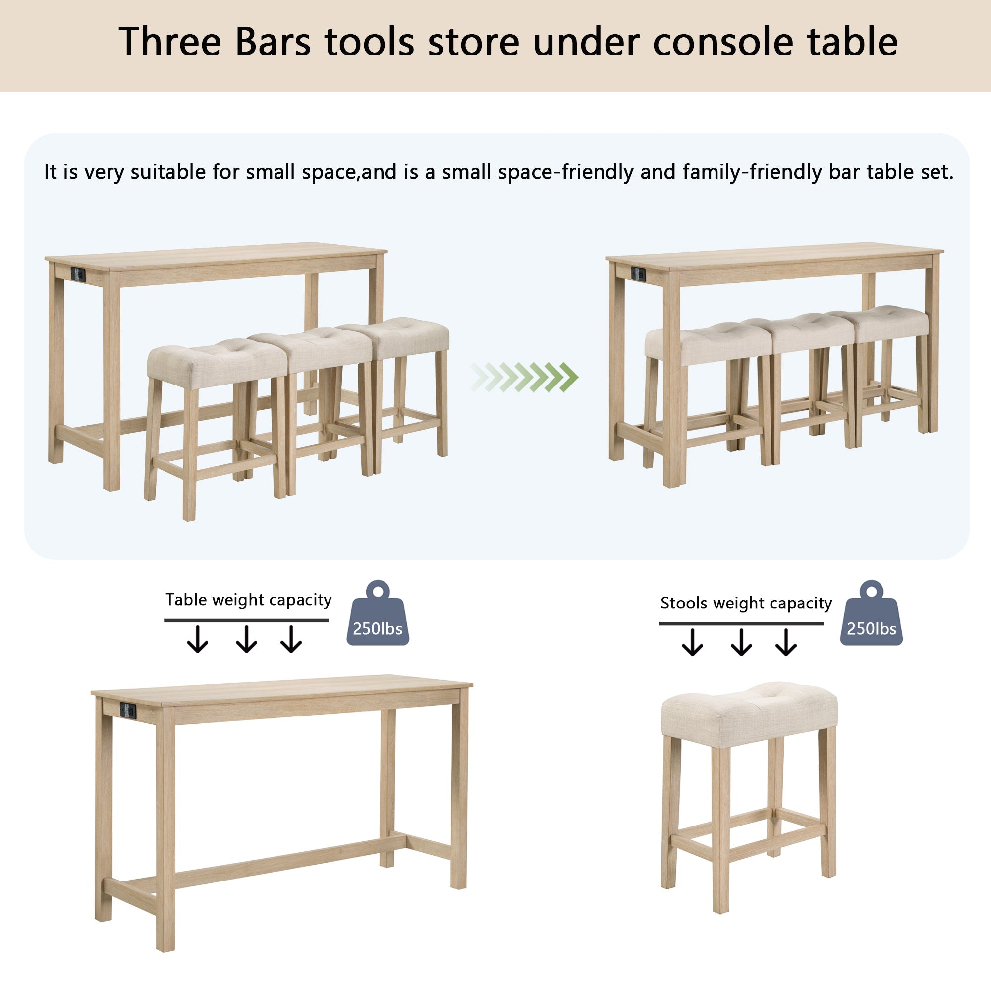 4 Piece Bar Table Set with Power Outlet,Bar Table Set with Chairs,Sofa Bar Table with Stools,Behind Couch Table with 3 Padded Stools for Living Room,Dining room, Light Oak