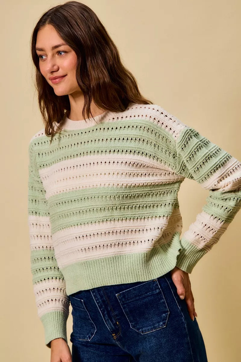 SO ME Openwork Round Neck Wide Stripe Textured Sweater