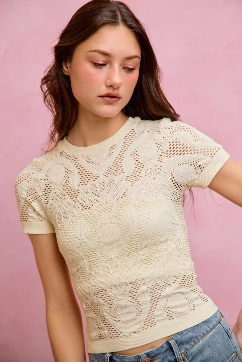 SO ME Floral Perforated Seamless Active Short Sleeve Top