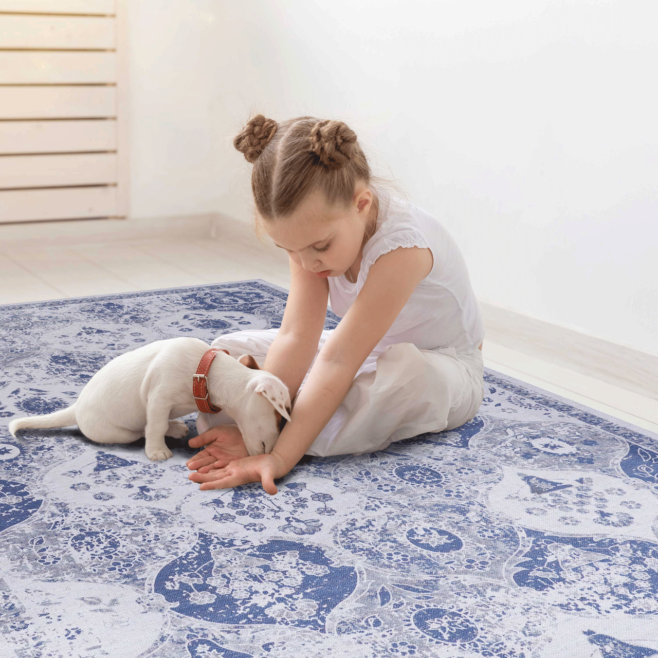 NAAR MAVAL Blue Washable Rug 2' x 3' Doormat Rug (Blue, 2' x 3')