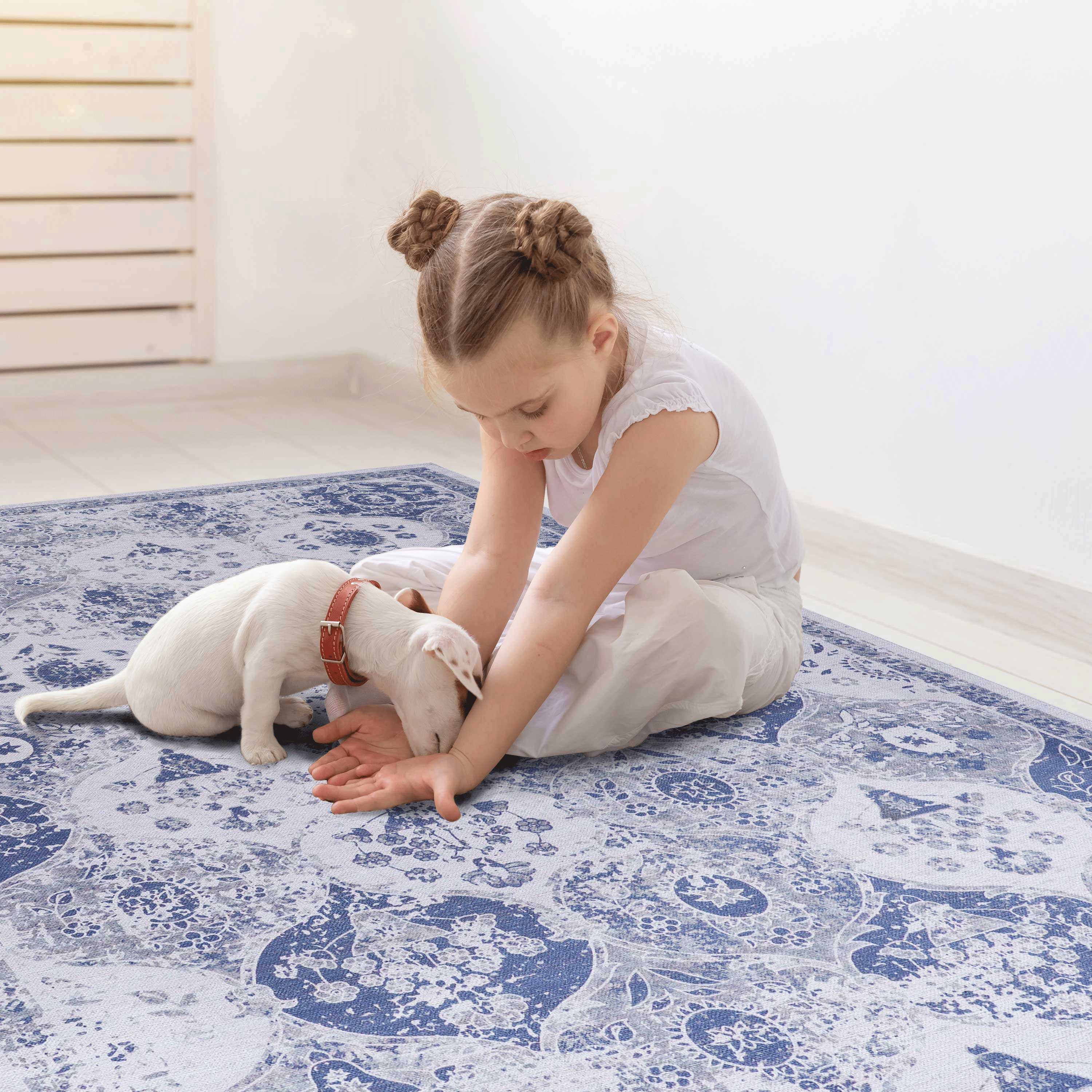 NAAR MAVAL Blue Washable Rug 5x8 Area Rug (Blue, 5' x 8')