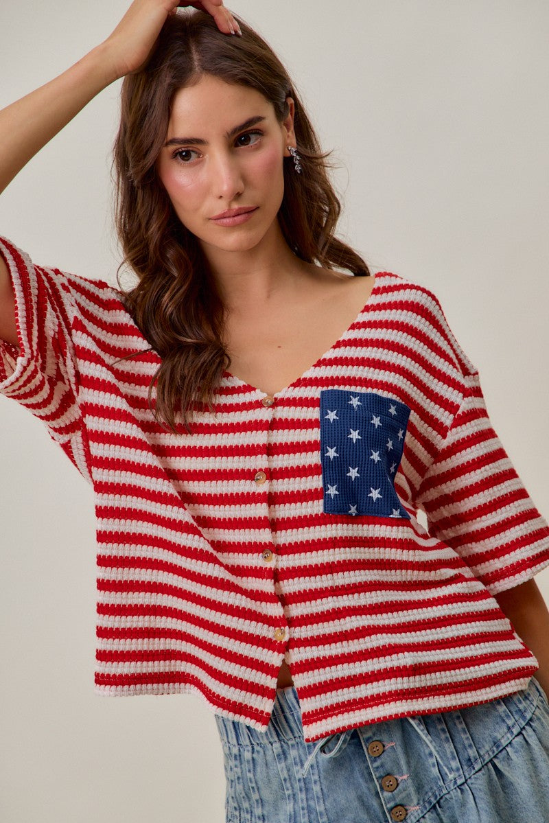 SO ME Stripe Waffle Knit Fourth Of July Cardigan Top
