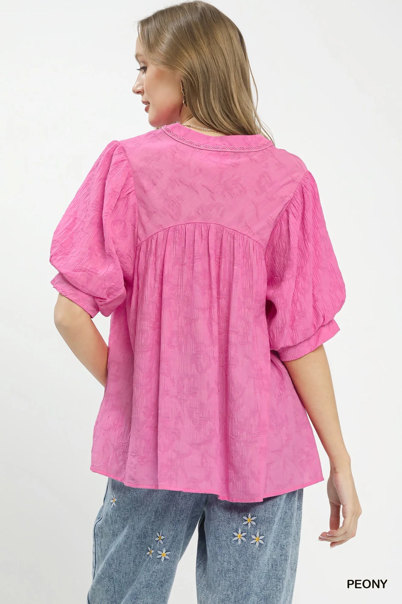 Umgee Textured Lace Trim V-Neck Boho Blouse