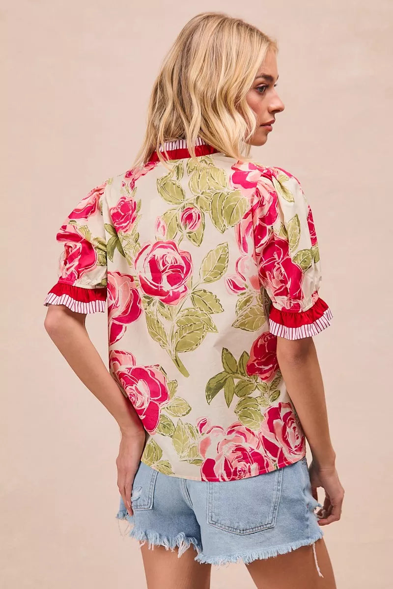 BiBi Floral Printed Woven Contrast Edge Ruffled Blouse