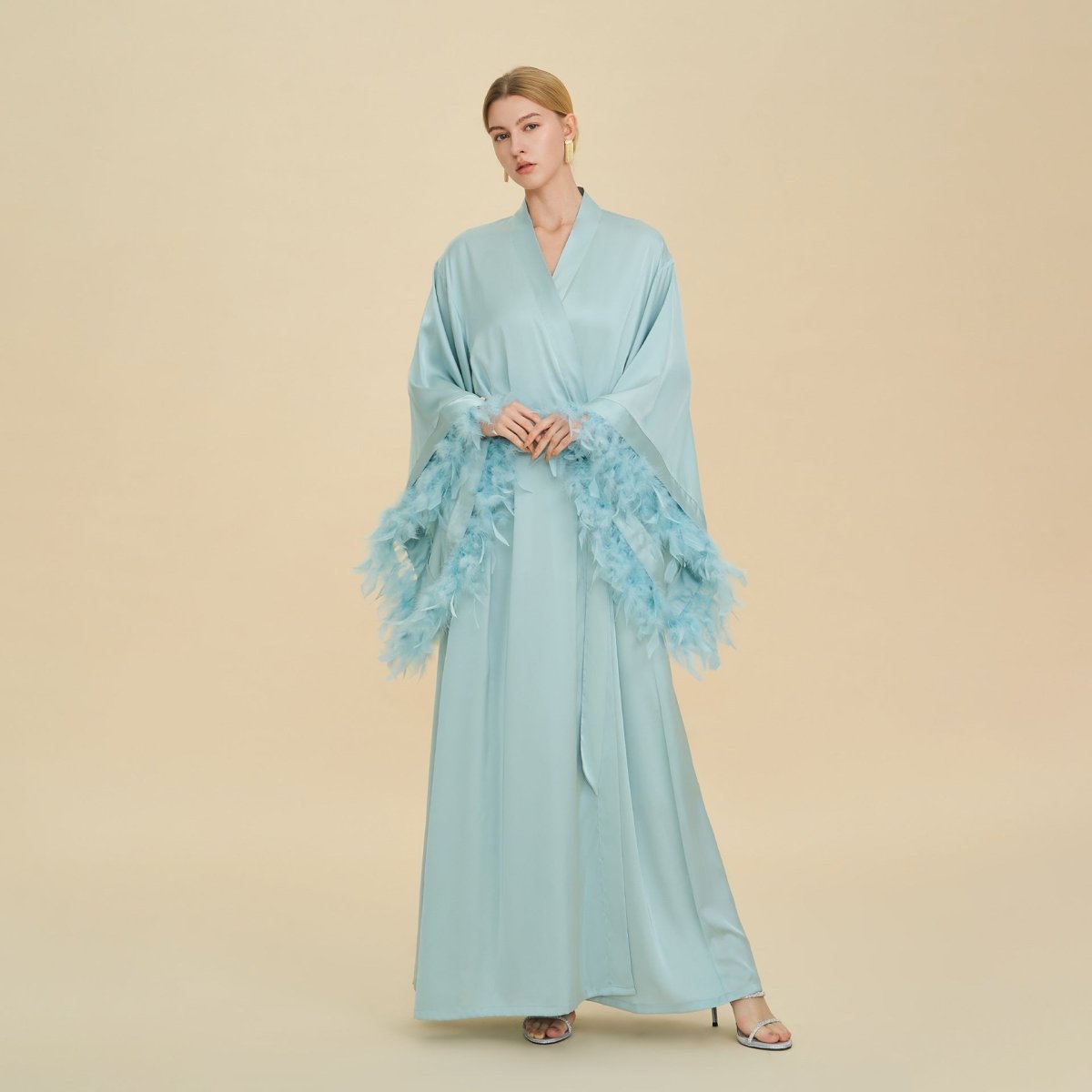 Feather-Trimmed Kimono Robe Abaya (MOA293)