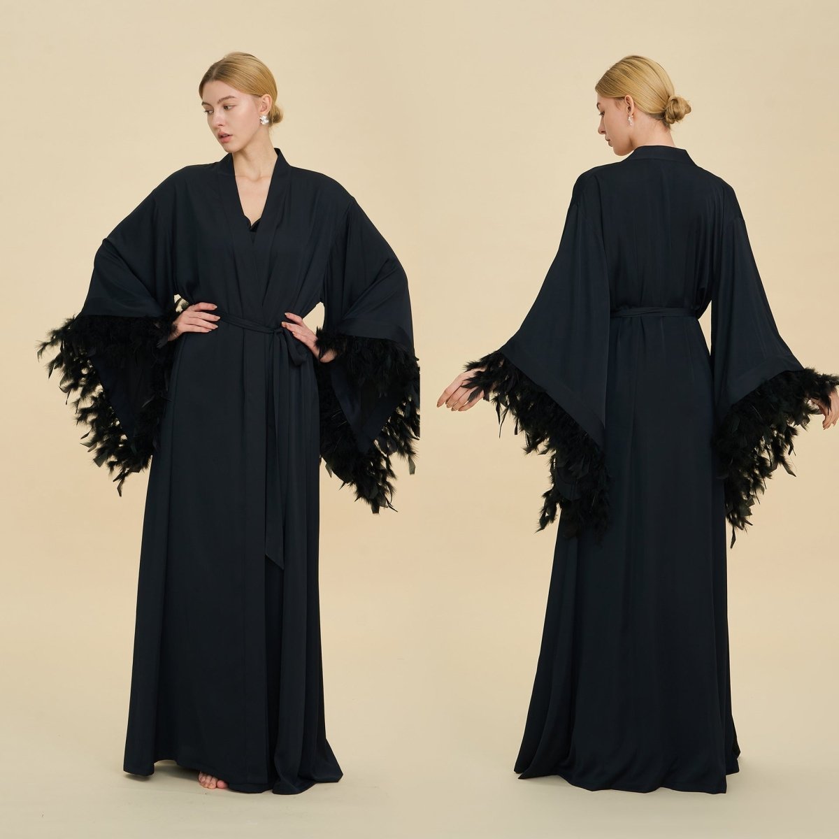 Feather-Trimmed Kimono Robe Abaya (MOA293)