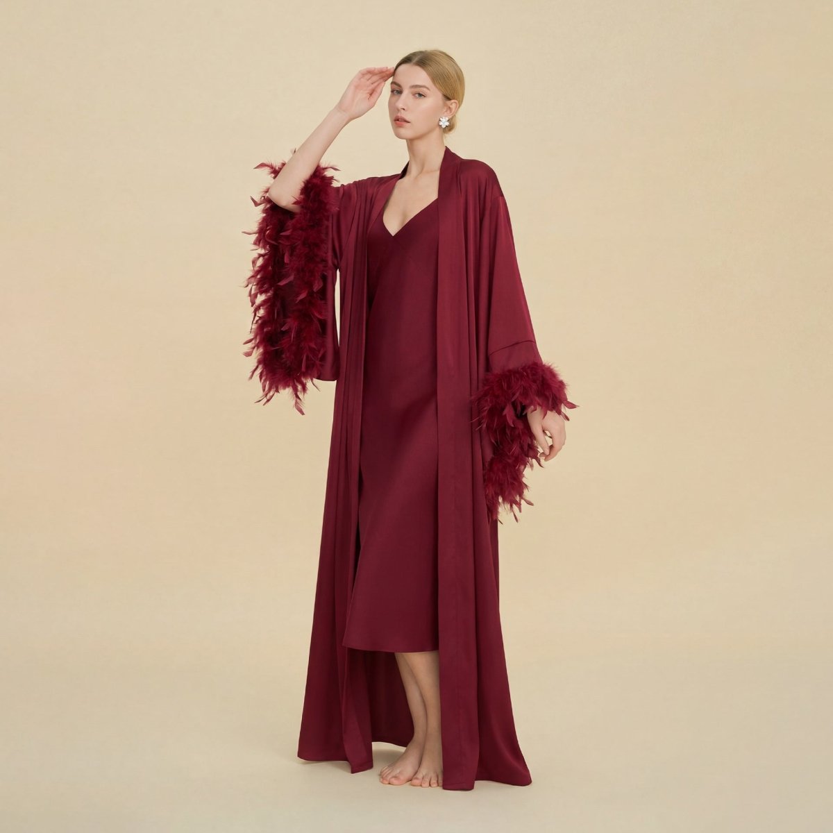Feather-Trimmed Kimono Robe Abaya (MOA293)