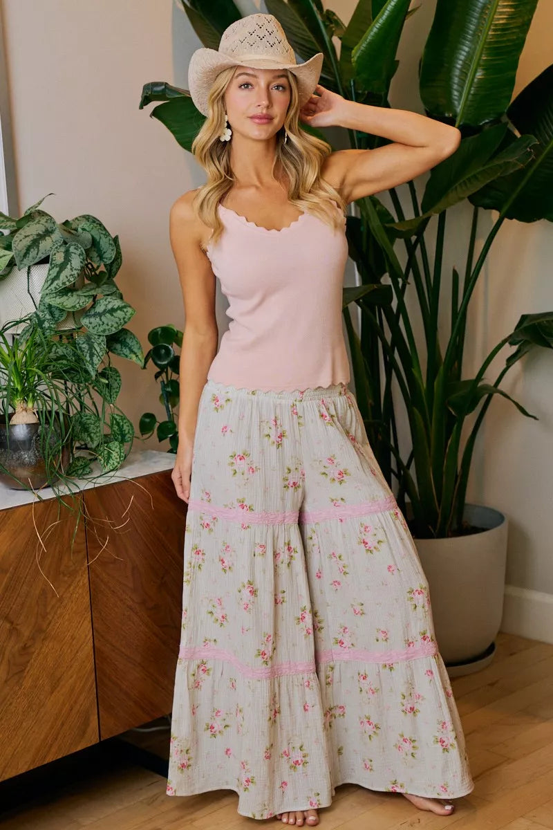 BiBi Rose Printed Gauze Trim Detail Smocked Maxi Pants