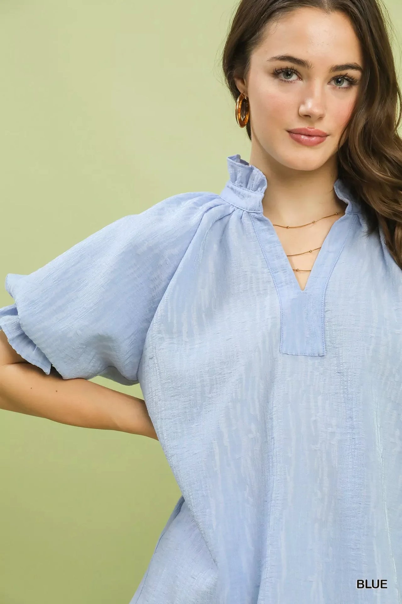 Umgee Textured Puff Sleeve Split Neck Top