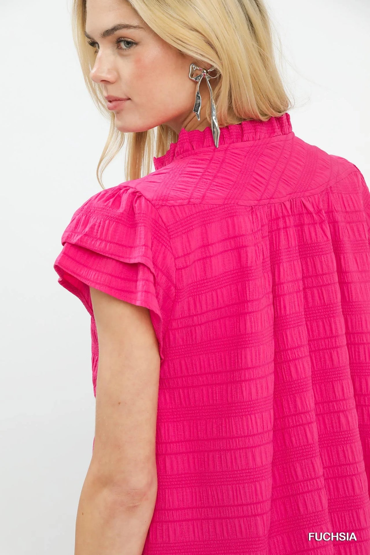Umgee Textured Flutter Sleeve Split Neck Top