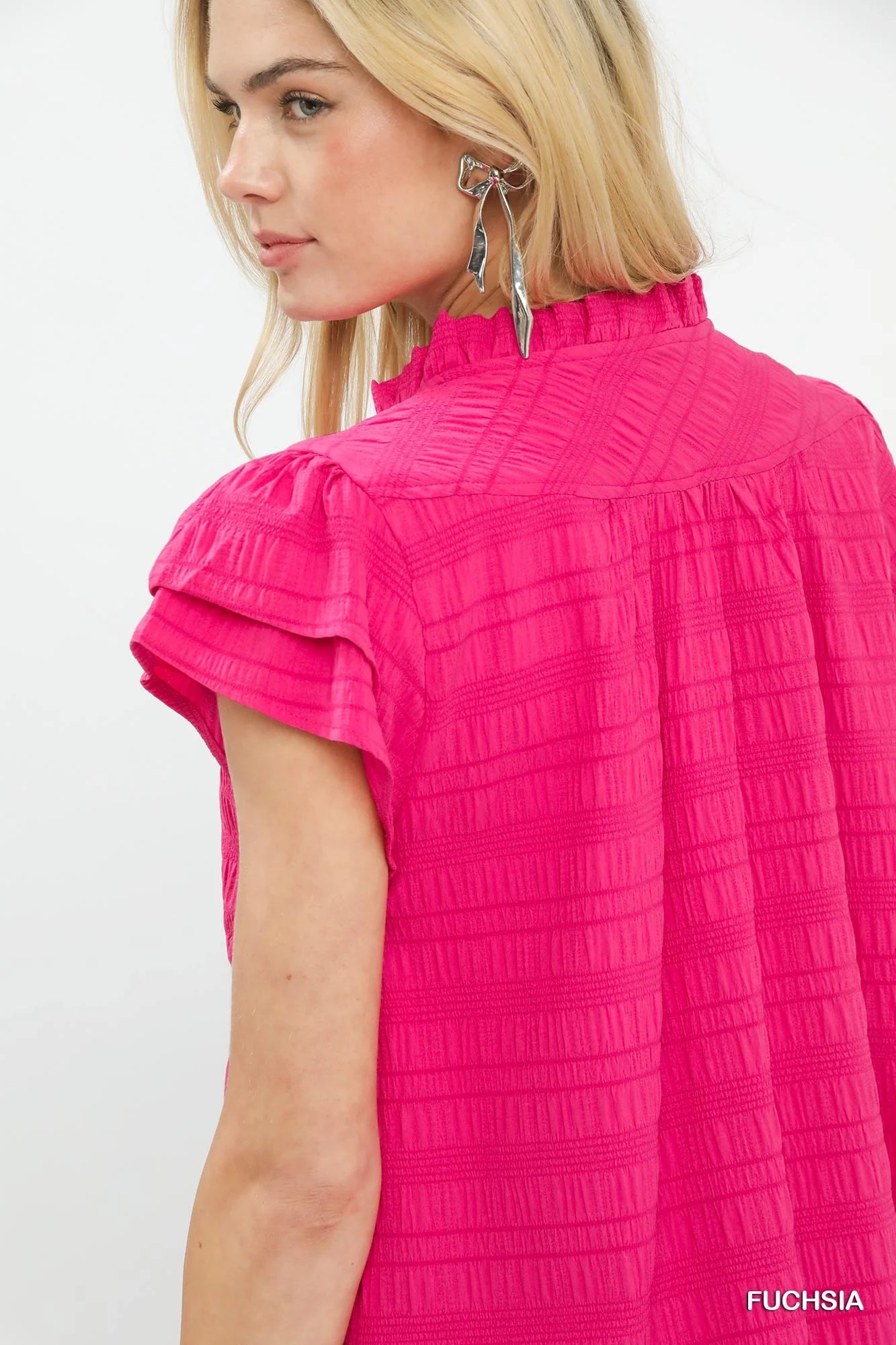 Umgee Textured Flutter Sleeve Split Neck Top