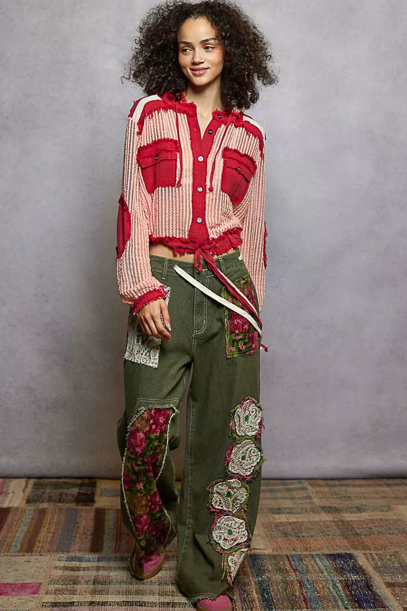 POL Texture Woven Button Down Hooded Shirt with Drawstring Hem