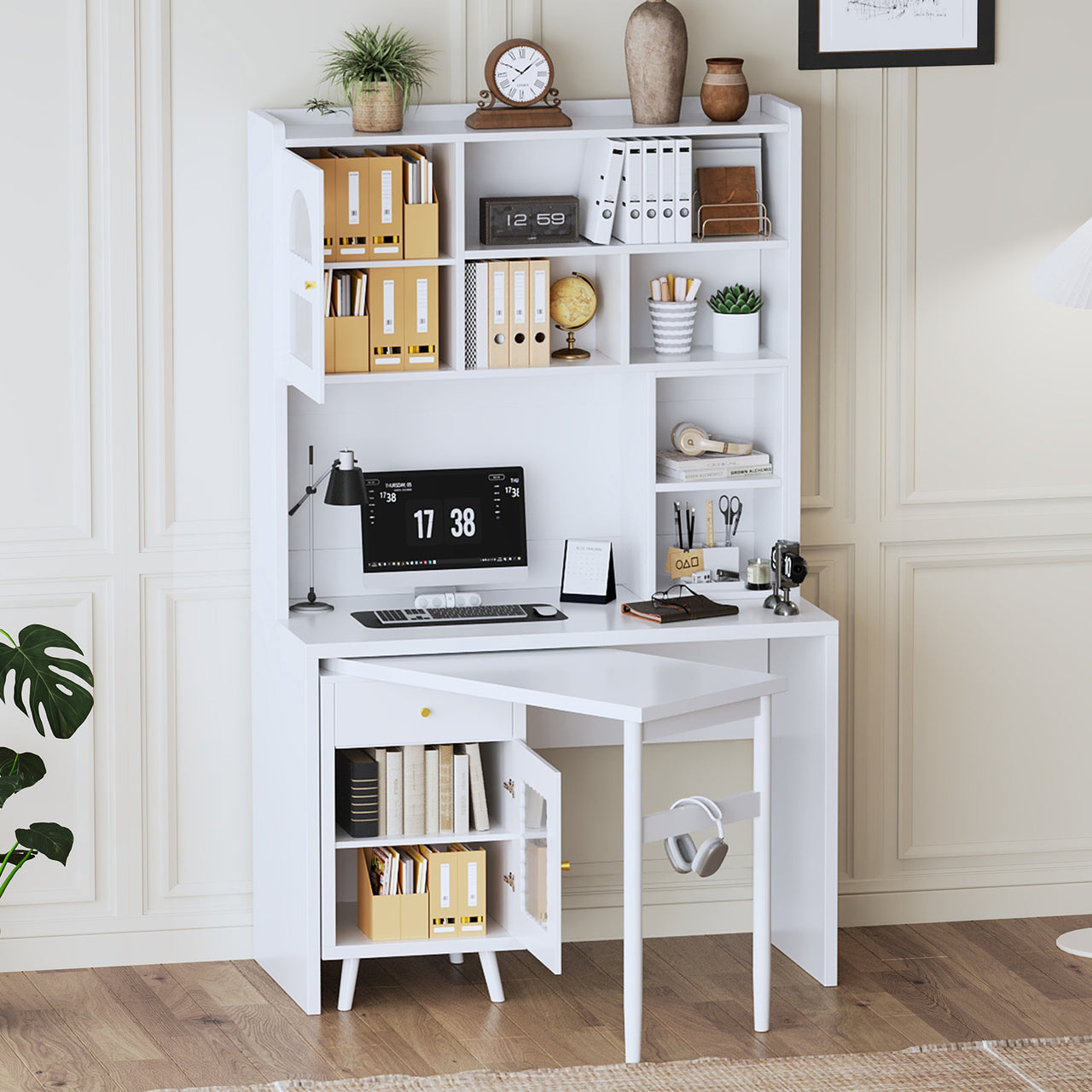 Computer Desk with 90 Degree Rotating Desktop, 43x70 Inch Office Desk with Storage Drawer and Cabinets, Gaming Desk with Shelves, Writing Desk for Study, Work Desk for Home (Old SKU:N733P279101K)