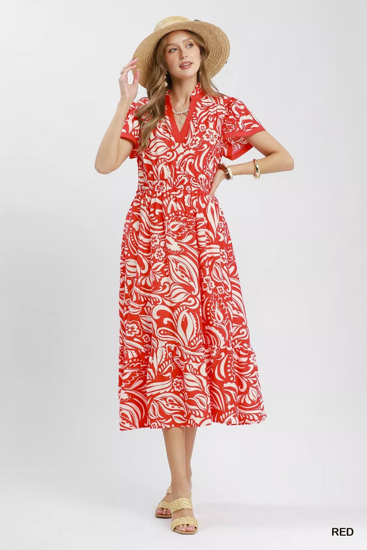 Umgee Paisley Print Midi Dress with Side Pockets