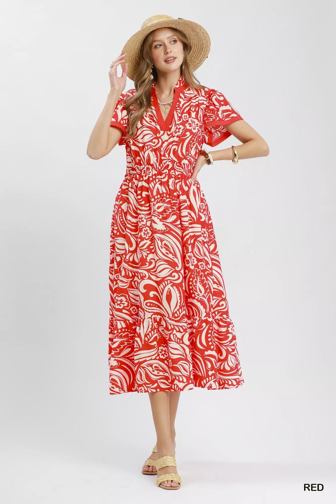 Umgee Paisley Print Midi Dress with Side Pockets