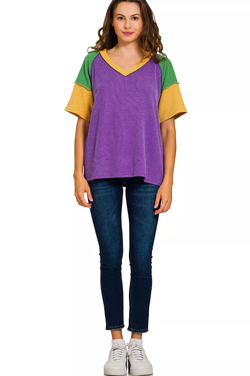 Zenana Mardi Gras Raised Rib Color Block Top