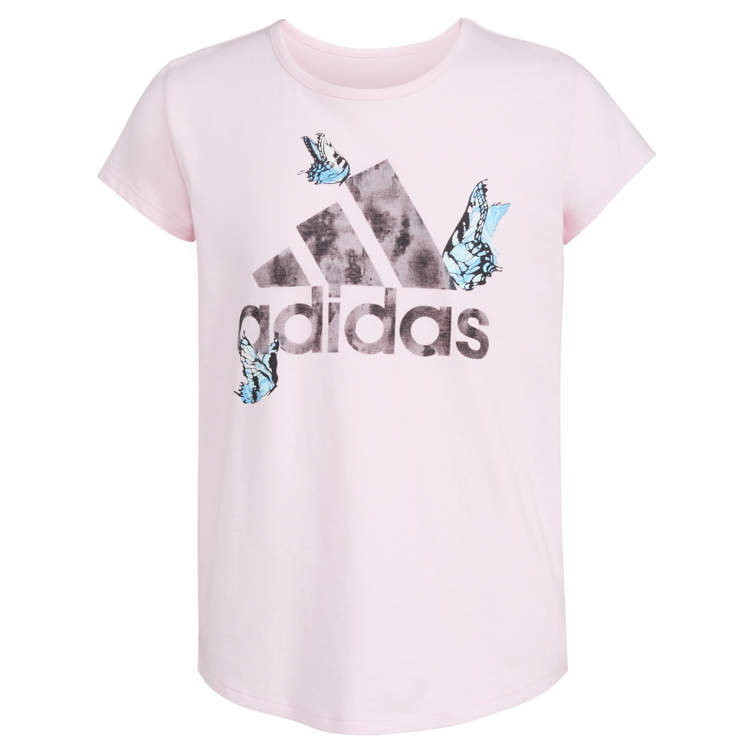 adidas Girls Short Sleeve Cotton Scoop Neck Tee T-Shirt Light Pink w/Butterflies Size 6