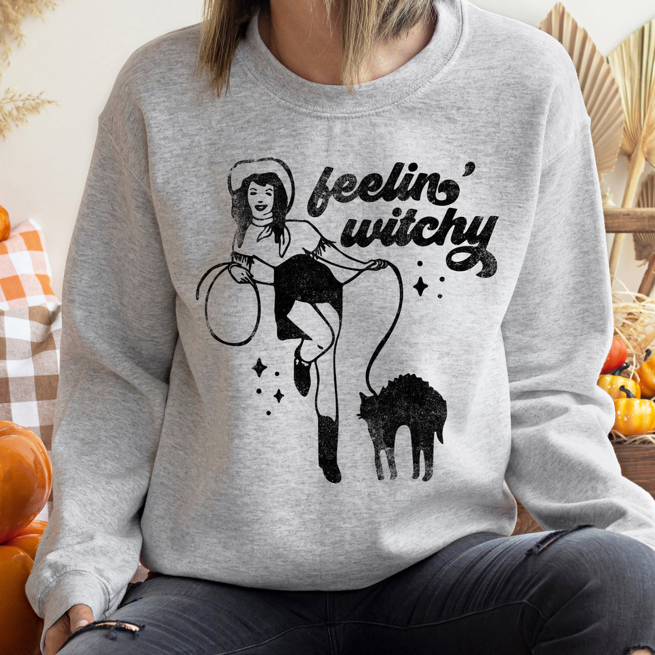 Feeling Witchy Halloween Cozy Nighttime Vibes Soft Cotton Blend Fleece Sweatshirt