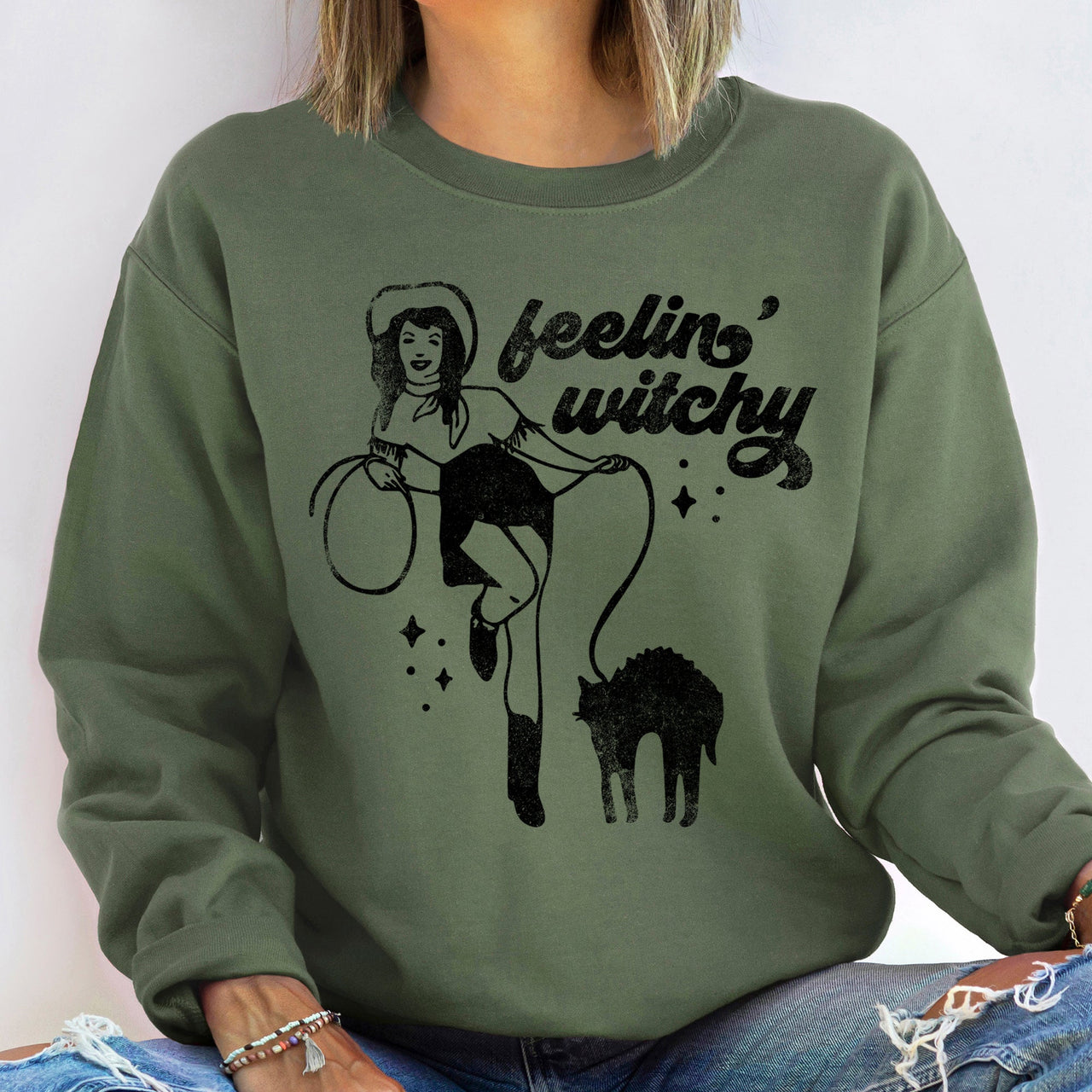 Feeling Witchy Halloween Cozy Nighttime Vibes Soft Cotton Blend Fleece Sweatshirt