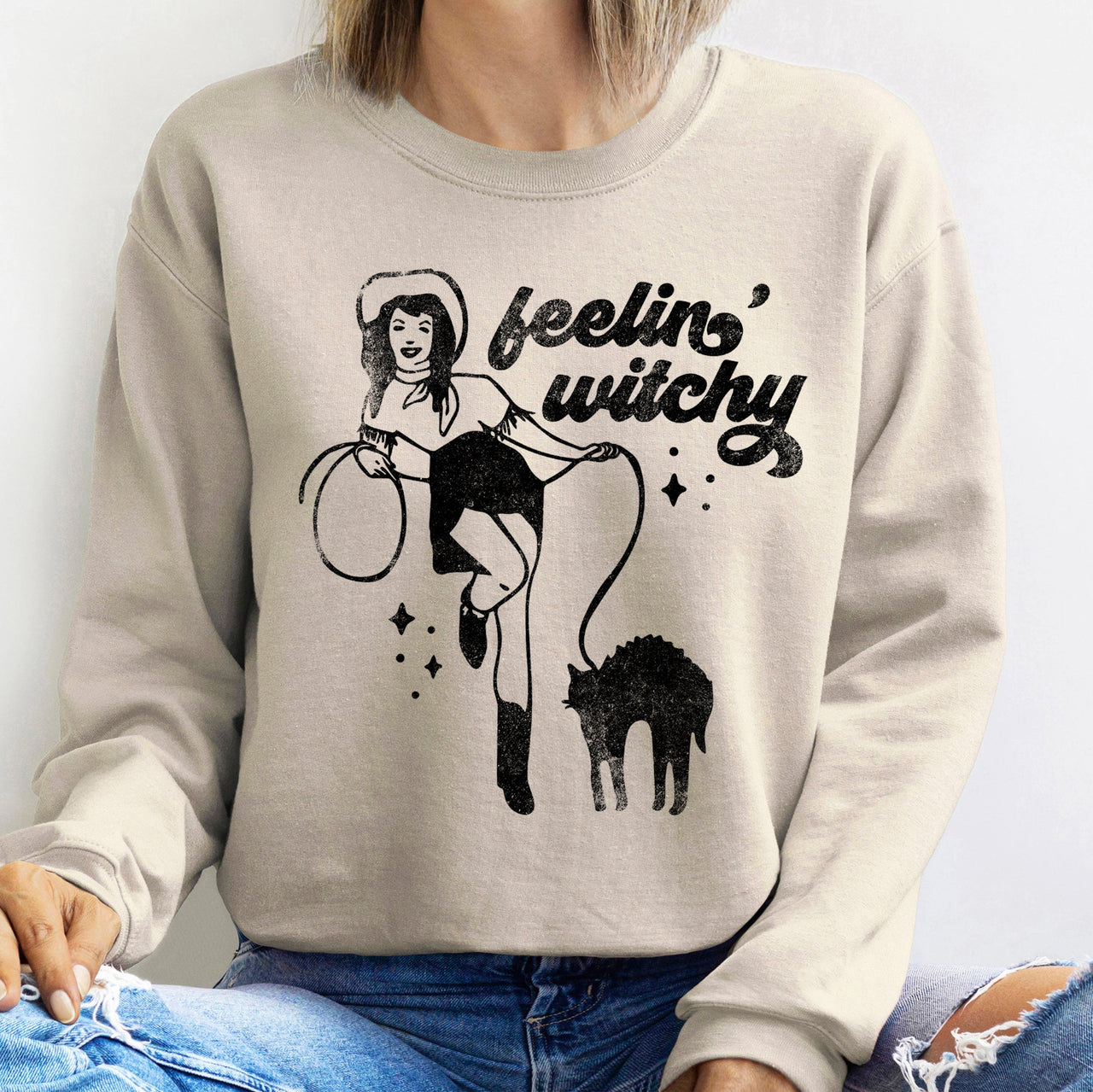 Feeling Witchy Halloween Cozy Nighttime Vibes Soft Cotton Blend Fleece Sweatshirt