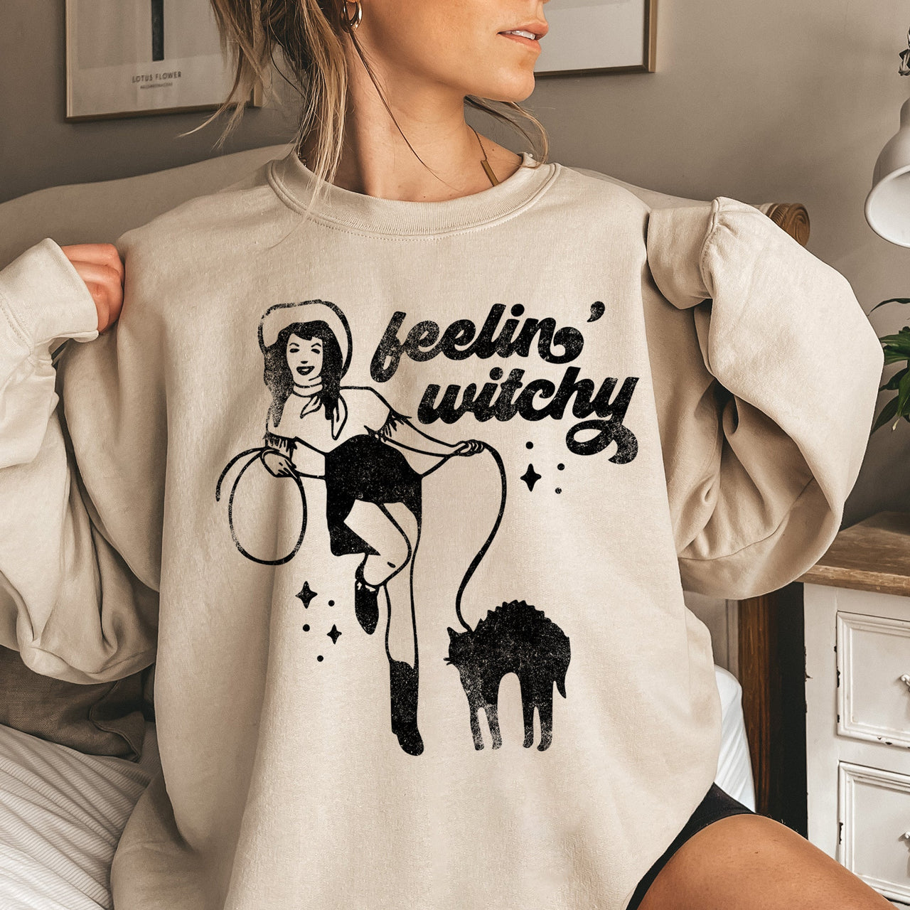 Feeling Witchy Halloween Cozy Nighttime Vibes Soft Cotton Blend Fleece Sweatshirt