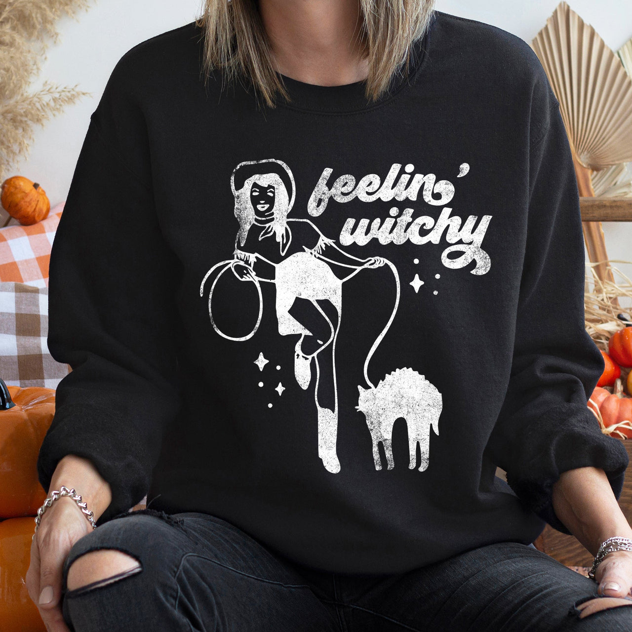 Feeling Witchy Vintage Halloween Night Spirits Moonlit Soiree Cozy Graveyard Moonlight Wreath Sweatshirt
