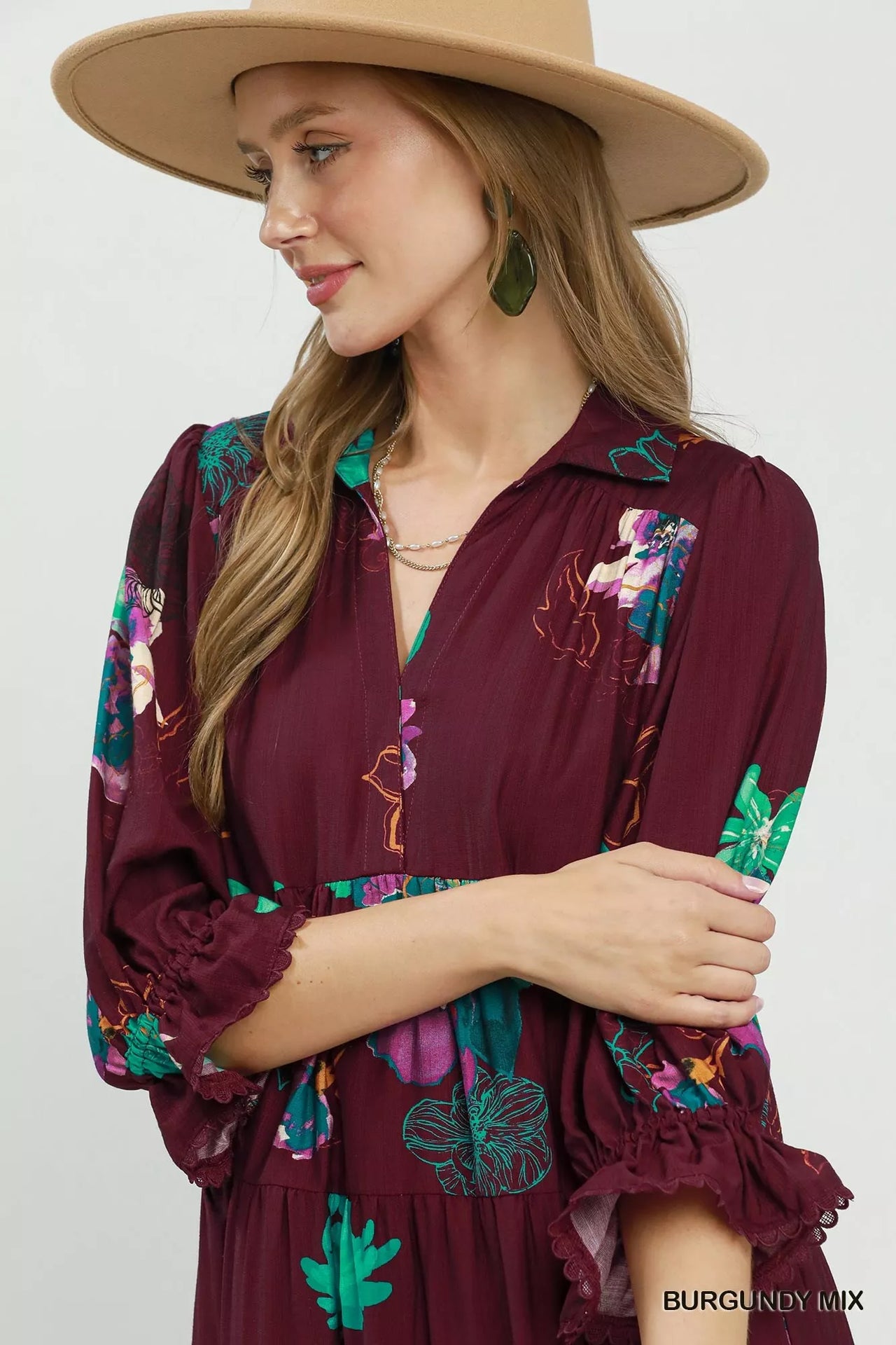 Umgee Floral Print Tiered Midi Dress with Puff Sleeves