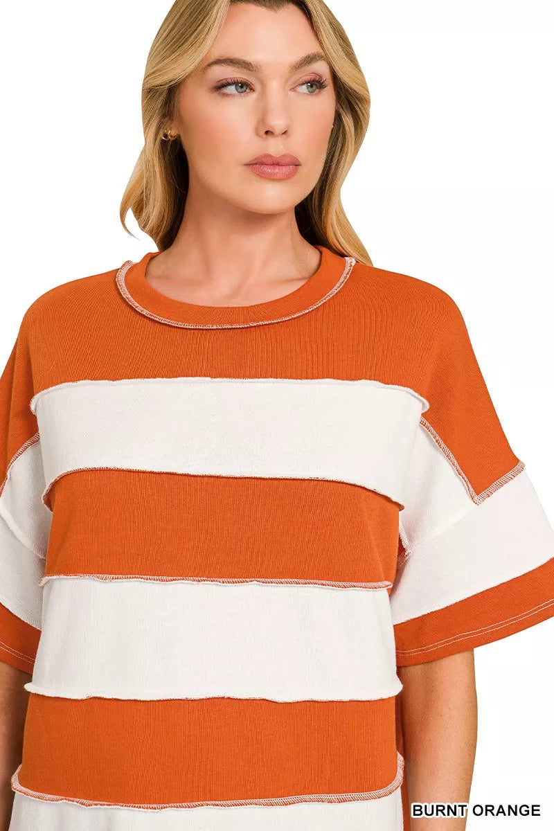Zenana French Terry Striped Exposed Seam Top