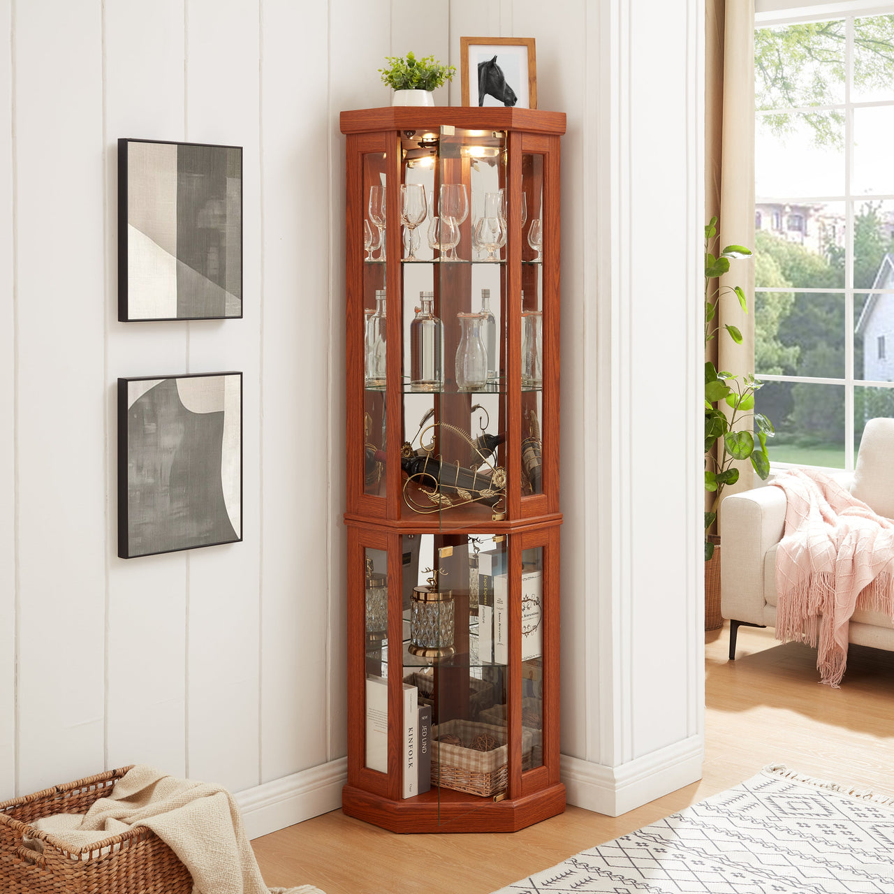 Corner Glass Cabinet Lighted Curio Cabinet Corner Display Case for Living Room, Curio Cabinet, Antique collection, Wine,Bar Glass Storage Light Included, Dark oak