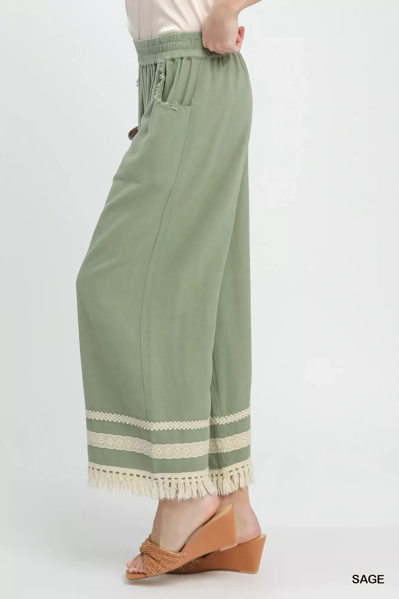 Umgee Lace Trim Fringe Hem Wide Leg Pants