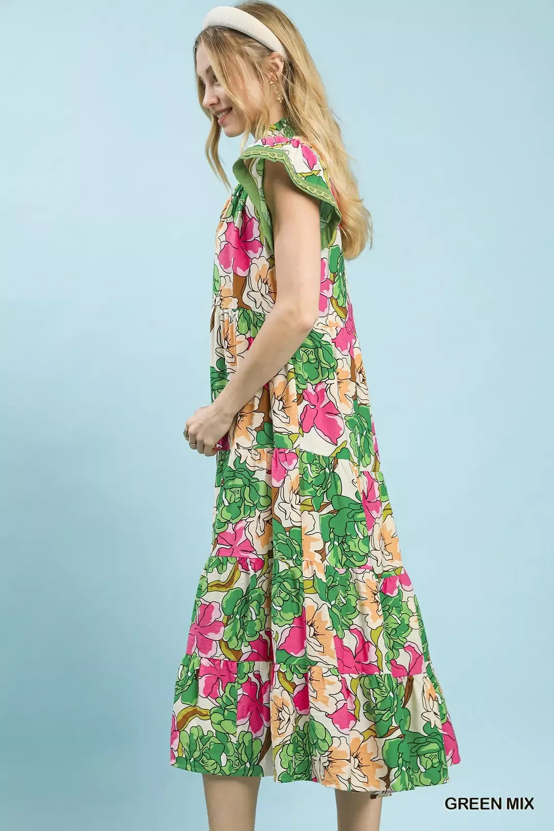 Umgee Mix Bold Floral Tiered Midi Dress
